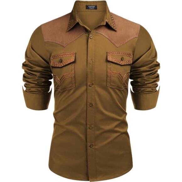 Men's Western Cowboy Shirt Brown - Picture 1 of 6